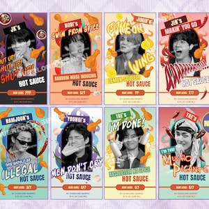 May include: A collection of eight hot sauce labels with images of people and humorous text. Each label features a different name and a heat level indicator, with phrases like "Shut Up!" and "I'm Done!"