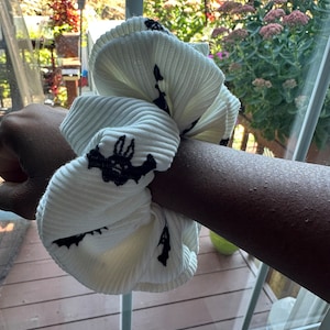 Marnie White Bat Scrunchie/Ribbed Knit Scrunchies/ XL Scrunchies/VSCO/Halloween/Hair Ties/Gifts for Her/Black Owned