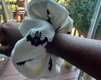 Marnie White Bat Scrunchie/Ribbed Knit Scrunchies/ XL Scrunchies/VSCO/Halloween/Hair Ties/Gifts for Her/Black Owned