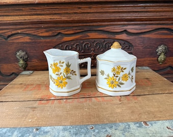 Vintage Mikasa Terra Stone Creamer & Sugar Yellow Daisies Floral Latina Pattern