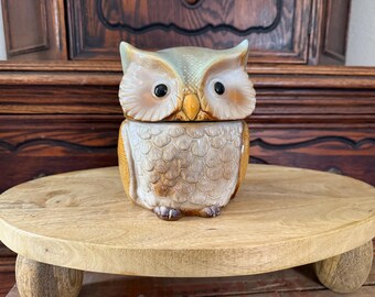 Vintage Ceramic Owl Cookie Jar Canister Muted Blue Yellow Cottagecore Whimsical