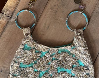 Vtg Kelly Kathleen Handcrafted Purse Turquoise Embroidered Lace Beaded Boho Rare