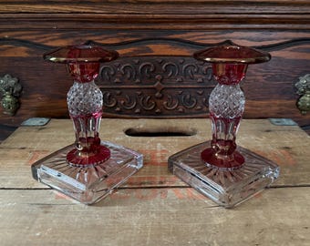 Pair of Westmoreland Waterford Ruby Stained Glass Candlesticks Signed C. McClain 1977