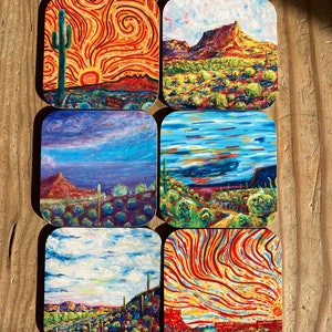6 ARIZONA COASTERS! -Mountains, Colorful Skies, Fountain Hills, Sedona. Southwestern USA. Durable quality. Landscape designs for your home!