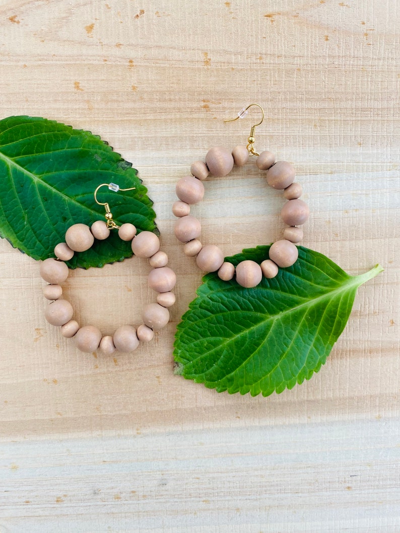 Natural Wood Bead Hoop Earrings Alternating Style Bridesmaid Earrings