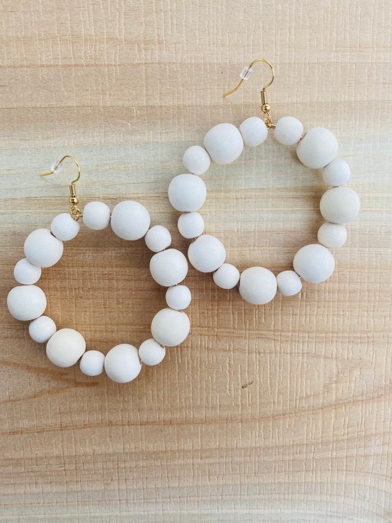 White Hoops White Earrings Summer Earrings Beach Earrings Beach Vacation White Wood Bead Hoop Earrings Etsy
