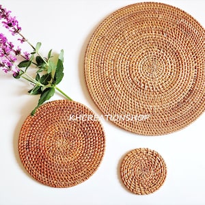 Round Rattan Dining Placemat, Wicker Straw Placemats, Rustic Decoration, Handwoven Placemat,Round Boho Natural Placemat,Farmhouse Decoration