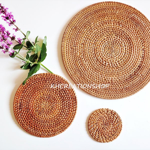 Round Rattan Dining Placemat, Wicker Straw Placemats, Rustic Decoration, Handwoven Placemat,Round Boho Natural Placemat,Farmhouse Decoration
