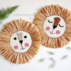 8 Style Lion Face Raffia Wall Hanging, Safari Jungle Nursery Decor, Bohemian Wall Decor,Crochet Lion Head,Boho Nursery Decor,Boho Home Decor