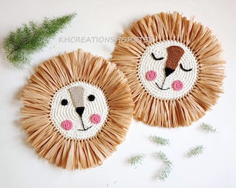 8 Style Lion Face Raffia Wall Hanging, Safari Jungle Nursery Decor, Bohemian Wall Decor,Crochet Lion Head,Boho Nursery Decor,Boho Home Decor