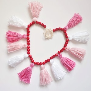 Pink Yarn Tassel Garland Wood Bead,Fireplace Garland, Boho Wall Decor, Girl Room Decor, Over the Bed, Tassel Wall Hanging,Nursery Room Decor