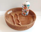Round Rattan Serving Tray with Cut-Out Handle for Breakfast Coffee Tea Bread, Rattan Fruit Storage, Woven Basket Tray, Rustic Woven Tray