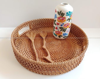 Natural Round Rattan Serving Tray Breakfast, Rattan Storage Fruit, Gathering Rustic Tray,Woven Rattan Winnowing Basket, Wicker Ottoman Tray