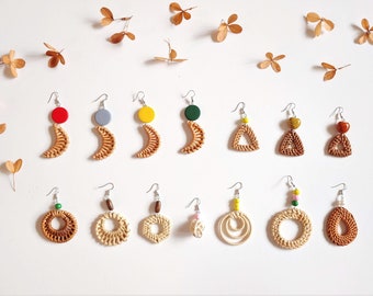 Rattan Earring, Handwoven Rattan Bohemian Statement Wooden Drop Earring, Lightweight Statement Earring, Straw Earring, Minimalist Earring