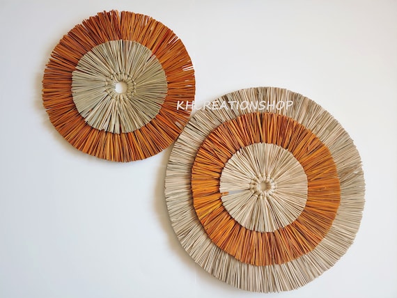 Natural Set Seagrass Sunburst Boho Wall Hanging Decor, Raffia Wall Art,Boho Rattan Home Decor, Bohemian Living Room Wall Decor, Rustic Style