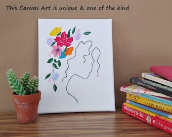 Embroidered Canvas Painting Line Art, Acrylic Paint with Flower Embroidered Design, Boho Home Decor, Boho Wall Art, Wall Hanging Decor