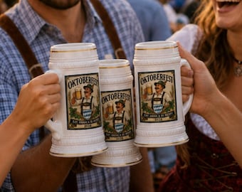 May include: Three white ceramic beer steins with gold-trimmed rims and bases. Each stein features a colorful graphic of a person in traditional attire holding a beer, with the text Oktoberfest, Eat Drink & Be Merry, and the year 2016.