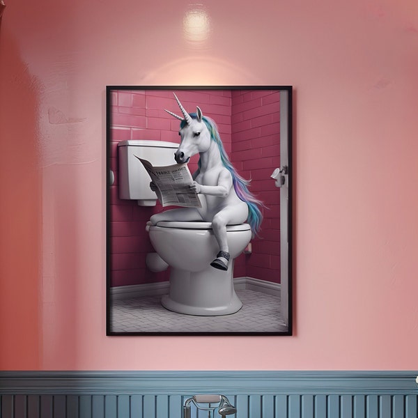 Unicorn Sitting on the Toilet Reading a Newspaper, Bathroom Wall Art, Black and White Wall Art