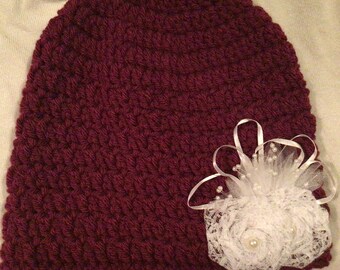 Mulberry Beanie w/ White Lace Flowers