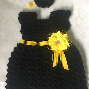 Black and Yellow Baby Girl Crochet Dress with Matching Headband