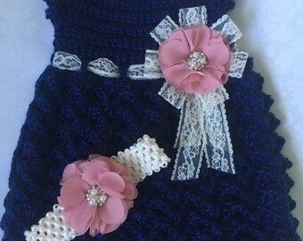 Hand Crochet Navy Baby Dress and Headband with Pink and Cream Embellishments