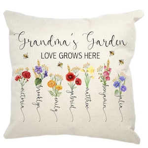 Personalized Grandma Birth Month Flower Pillow and Kids Names, Unique Mother&#39;s Day Gift for Mom, Nana Gift, for Blended Family, Wildflowers