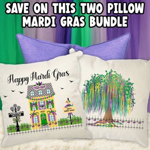 May include: A two-pillow Mardi Gras bundle. One pillow features a yellow house with purple and green accents, the text "Happy Mardi Gras", and the year 2023. The other pillow has a tree with purple, green, and yellow accents.