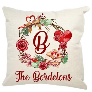 Personalized Valentine Wreath Pillow, Sweetheart Wreath Pillow, Gift for Her, Valentines Day Décor, Family Name, Customize, Heart, Love Note