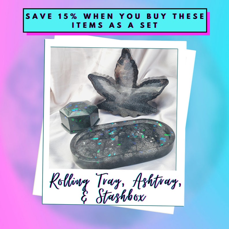 Black Resin Smoker Set Resin Rolling Tray w Holo Butterfly glitter Big Black Weed Leaf Ashtray Trinket Box Stashbox Trinket Tray