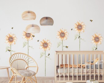 Sunflower Decals with Bees, Flower Wall Stickers, Removable Girl Wall Stickers