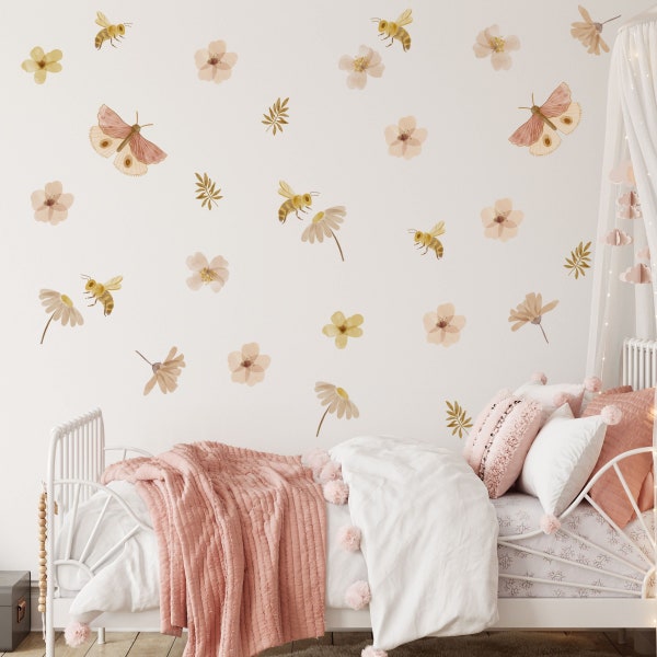 Flower and Bees Fabric Decals, Butterfly Decal,  Flower Wall Stickers,