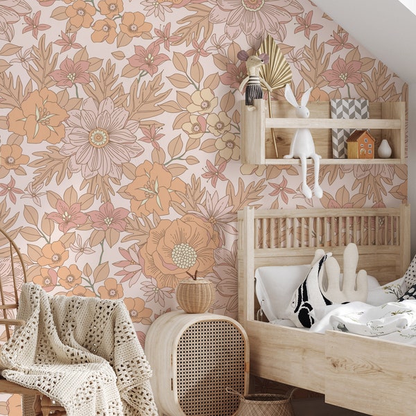 Boho Floral Wallpaper, Warm Peach & Pink Meadow, Peel and Stick