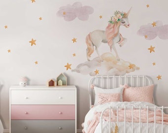 Watercolor Unicorn Fabric Decal, Enchanted Themed Bedroom, Girls Room Decor