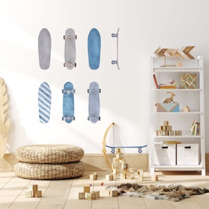 boyroom wall sticker, boy room wall decal, boy room skateboard wall sticker, maxi skateboard wall decal, skateboard decal set, removable boy wall sticker, boy bedroom wall sticker, watercolour boy wall sticker, blue kids wall sticker, reposition able