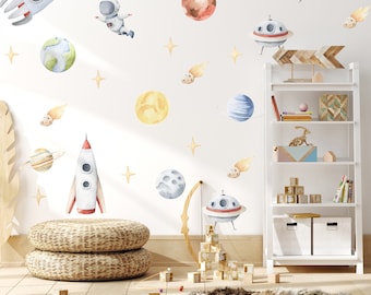 Space Wall Decals, Watercolor Planets, Rocket Ship, Kids Room Decor, Stickers