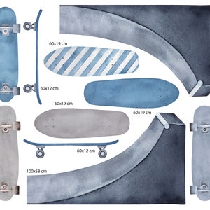 May include: A watercolor illustration of six skateboards and a half-pipe ramp. The skateboards are in various shades of blue and gray, with some featuring striped designs. The ramp is a dark gray color and has a curved edge. The skateboards are all 60 cm by 19 cm, and the ramp is 100 cm by 58 cm.