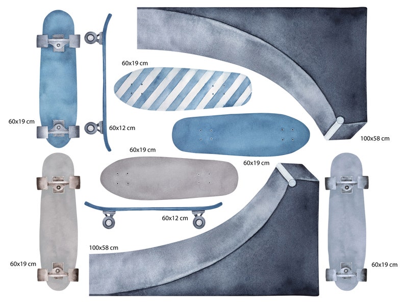 May include: A watercolor illustration of six skateboards and a half-pipe ramp. The skateboards are in various shades of blue and gray, with some featuring striped designs. The ramp is a dark gray color and has a curved edge. The skateboards are all 60 cm by 19 cm, and the ramp is 100 cm by 58 cm.