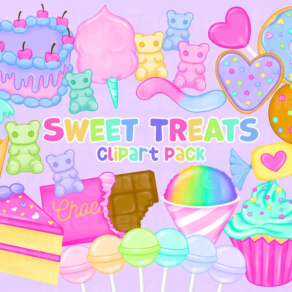 Sweet Treats Clipart Bundle, 26 PNG digital drawings and illustrations, Pastel Kawaii Clipart, Cute Digital Download, Instant Download