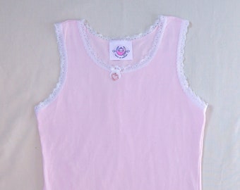 Pastel Pink Lace Trim Baby Tee Style Singlet with Dainty Bow Ribbon Detail and Heart Rhinestone Charm - Kawaii Upcycled Fashion