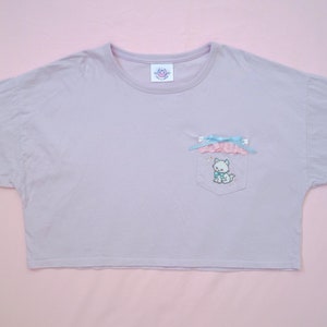 Pastel Purple Oversized Crop Top with Adorable Kitty Cat, Pink Lace, Blue Woven Ribbon and Sparkly Rhinestones - Kawaii Upcycled Fashion