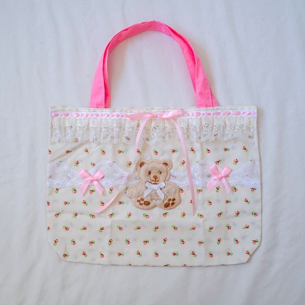 White Dainty Floral Coquette Mini Tote Bag with Frilly Lace Trim, Pink Ribbon Bows and Cutest Fluffy Teddy Bear - Kawaii Upcylced Fashion