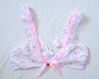 Floral Pink & White Bralette Top with Lace detail, Ribbon and Strawberry Charm - Kawaii Upcycled Fashion