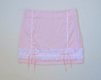Pastel Pink and White Gingham Mini Skirt with Ruffled Lace Detailing, Pink Ribbon Bows and Mini Rose Flowers - Kawaii Upcycled Fashion