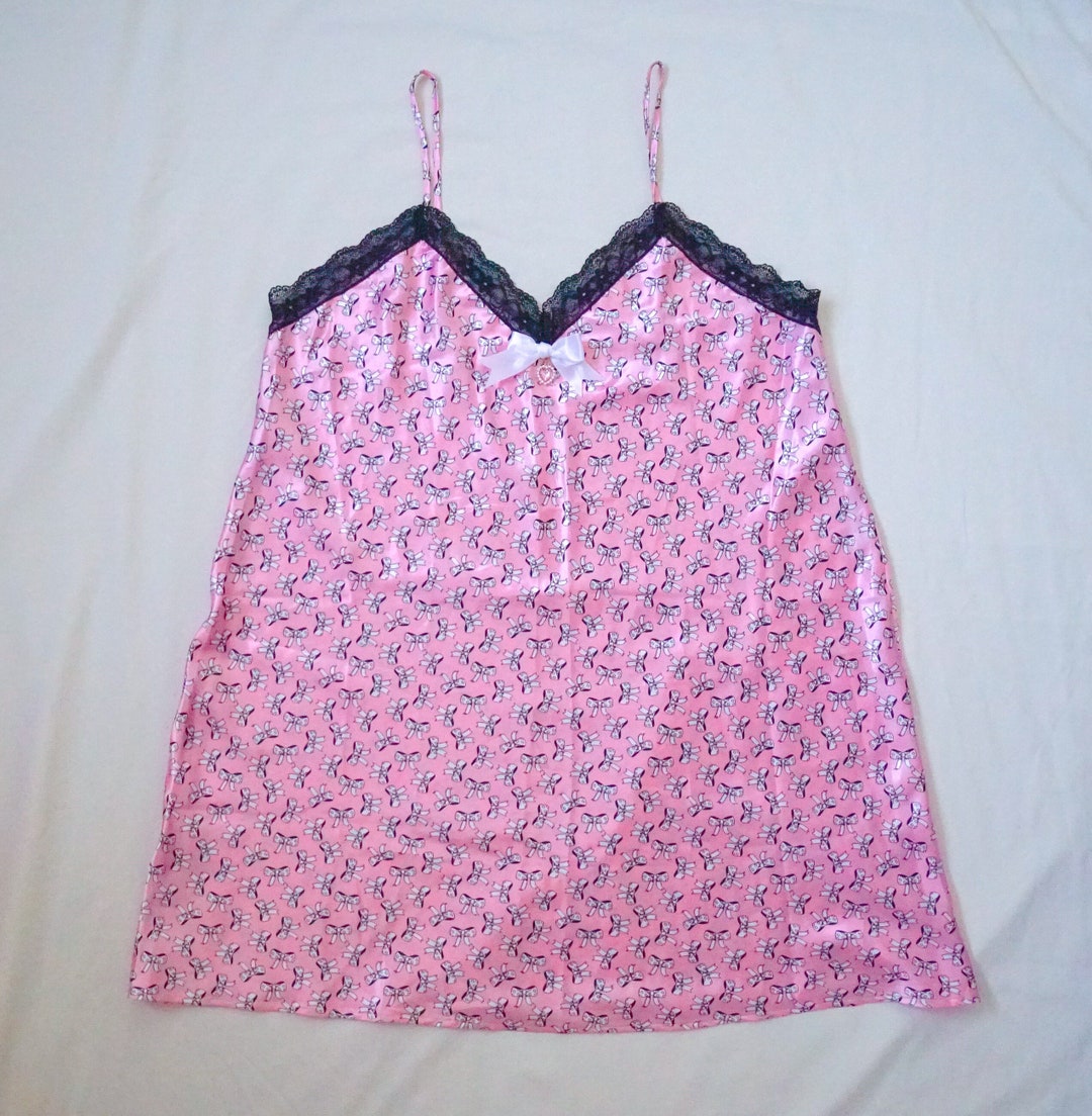 Pink and Black Bow Pattern Slip Dress With White Bow, Black Lace and ...
