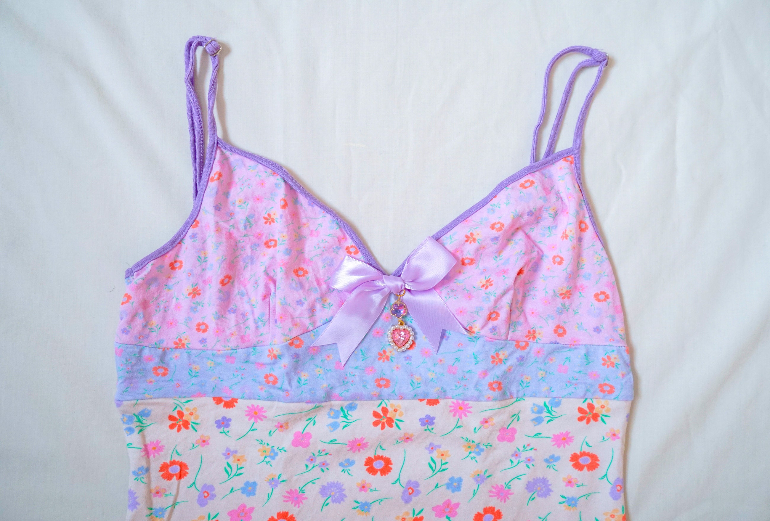 Dainty Floral Mismatched Pastel Patchwork Bodycon Dress with Adorable Flower Pattern, Purple Bow and Pretty Rhinestone Heart & Flower Charms