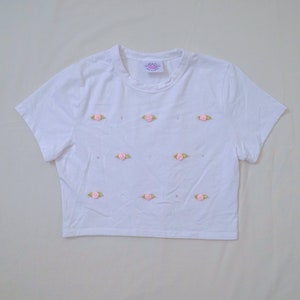 White Baby Tee Crop Top with Dainty Rose Flower and Rhinestone Crystal Details - Kawaii Upcycled Fashion