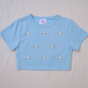 Pastel Blue Baby Tee Crop Top with Dainty Rose Flower and Rhinestone Crystal Details - Kawaii Upcycled Fashion