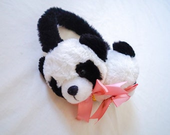 Fluffy Panda Earmuffs with Pink Ribbon Bows and Heart Rhinestone Charms - Kawaii Upcycled Fashion