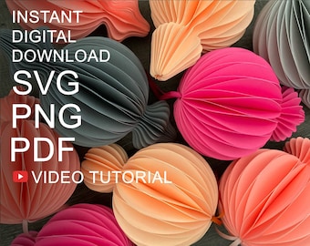 Puede incluir: Una colección de adornos esféricos de papel de colores vivos en tonos de rosa, naranja y gris. Los adornos están hechos de papel doblado y tienen un patrón de panal. El texto "INSTANT DIGITAL DOWNLOAD SVG PNG PDF VIDEO TUTORIAL" es visible en la imagen.