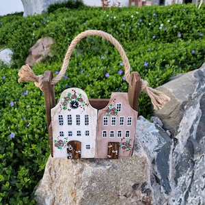 Blumenkasten aus Holz mit Häuser, Kräutertopf aus Holz, Fensterbank Übertopf für drinnen und draußen